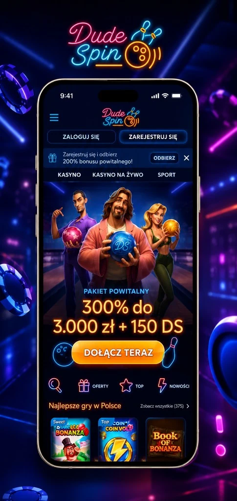 DudeSpin Casino App: pakiet powitalny 300% do 3 000 zł + 150 DS