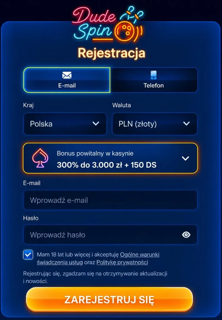 Formularz rejestracji DudeSpin: e-mail, hasło, bonus 300% do 3 000 zł + 150 DS